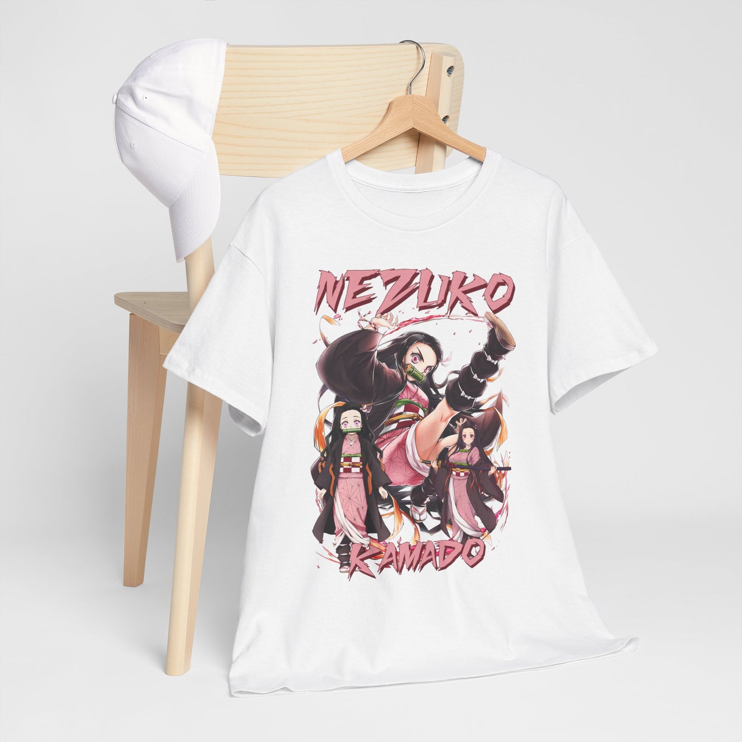 Elegant Nezuko Kamado T-shirt featuring a striking anime design, perfect for fashion-forward fans of Demon Slayer, displayed on a minimalist wooden hanger.