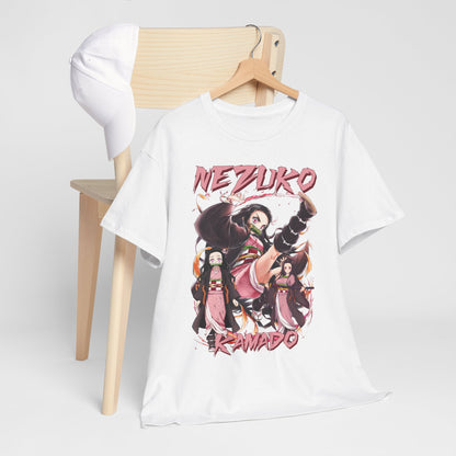 Elegant Nezuko Kamado T-shirt featuring a striking anime design, perfect for fashion-forward fans of Demon Slayer, displayed on a minimalist wooden hanger.
