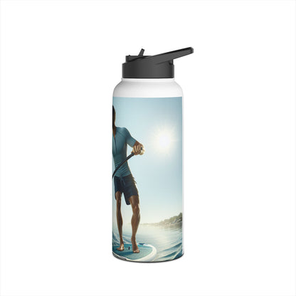 Fantasy Paddleboarding Stainless Steel Water Bottle illustrating a dynamic moment on the water with a paddleboarder, perfect for luxury outdoor enthusiasts.