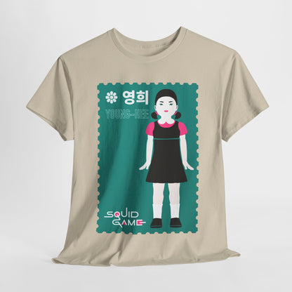 Luxurious unisex graphic cotton t-shirt featuring a Young-Hee design inspired by Squid Game, ideal for urban fashion lovers.