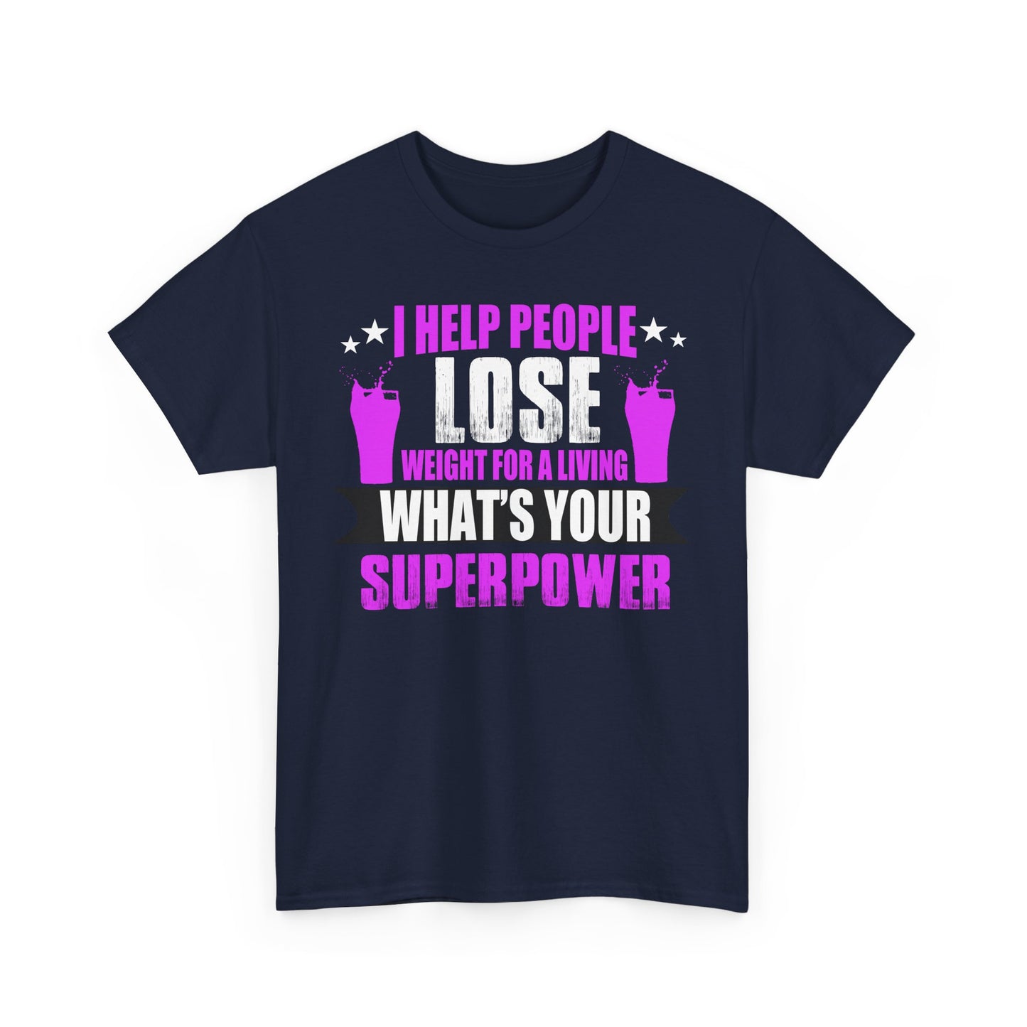 Luxurious navy unisex t-shirt featuring a motivational graphic design with the phrase 'I HELP PEOPLE LOSE WEIGHT FOR A LIVING' in bold typography, complemented by vibrant fuchsia elements and playful imagery of pint glasses, ideal for fitness enthusiasts seeking style and inspiration.