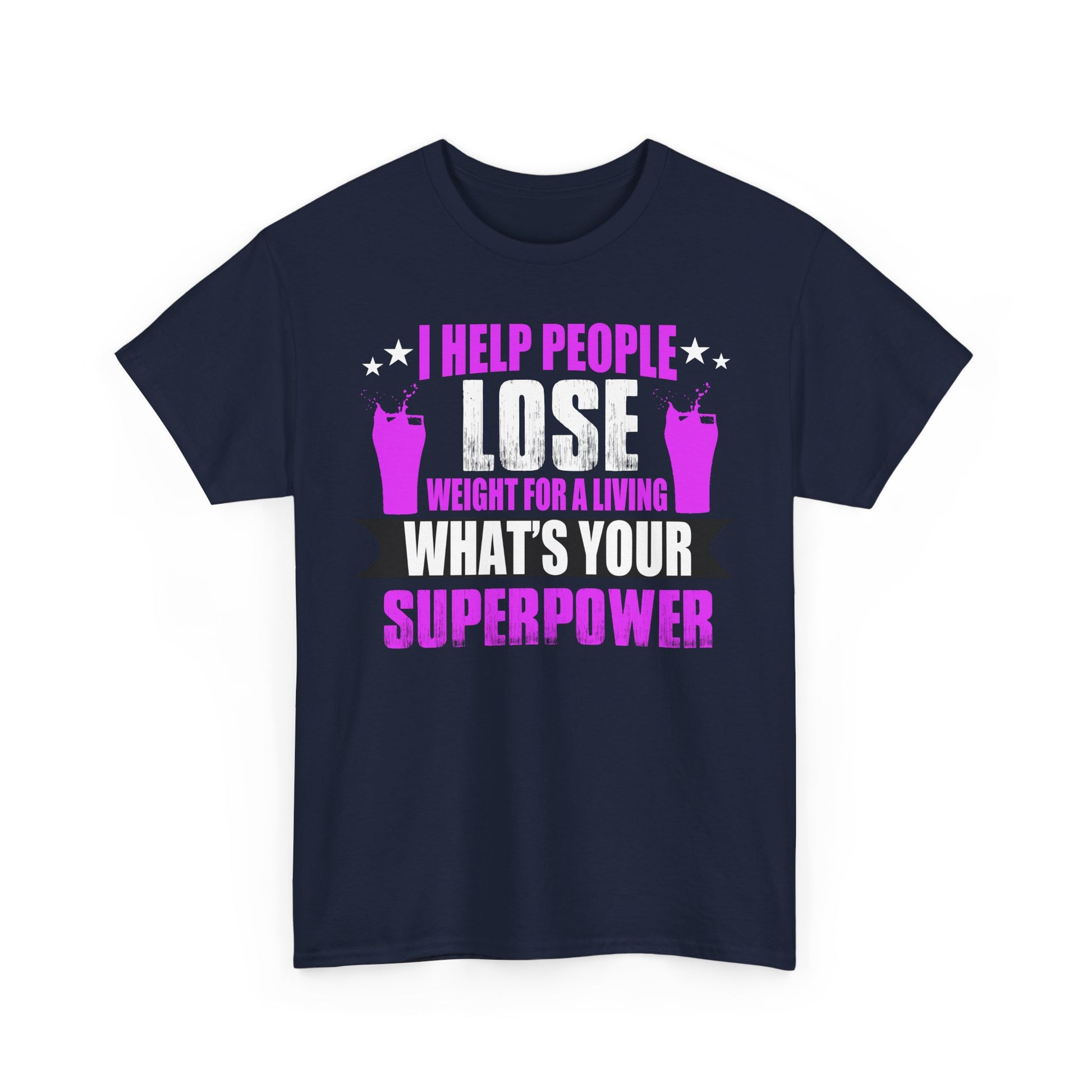 Luxurious navy unisex t-shirt featuring a motivational graphic design with the phrase 'I HELP PEOPLE LOSE WEIGHT FOR A LIVING' in bold typography, complemented by vibrant fuchsia elements and playful imagery of pint glasses, ideal for fitness enthusiasts seeking style and inspiration.