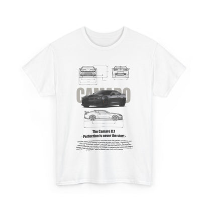 Stylish Chevy Camaro ZL1 Graphic Tee for Men, displaying a sophisticated graphic of the Camaro ZL1 with technical designs, perfect for automotive enthusiasts seeking luxury wear.
