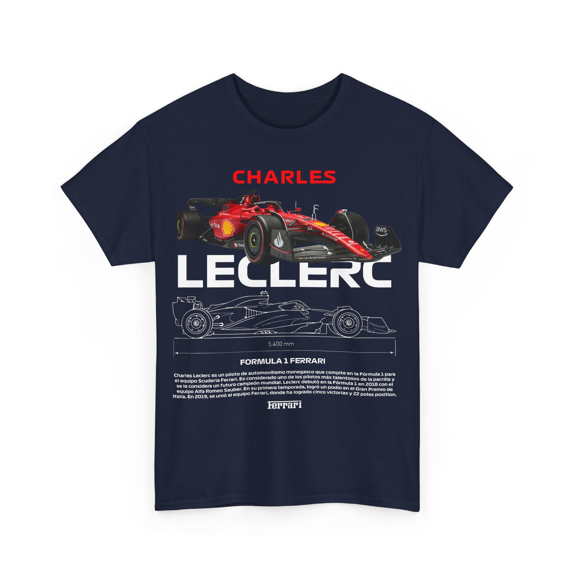 Front view of a luxury men's t-shirt celebrating Formula 1 with a striking graphic of Charles Leclerc and a Ferrari, demonstrating a perfect blend of style and passion for motorsport.