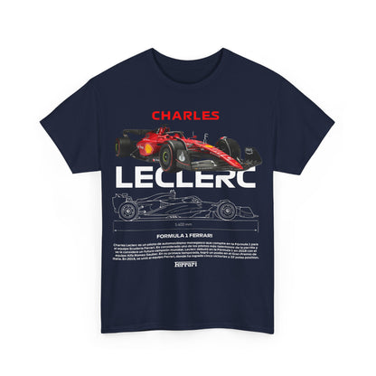 Front view of a luxury men's t-shirt celebrating Formula 1 with a striking graphic of Charles Leclerc and a Ferrari, demonstrating a perfect blend of style and passion for motorsport.