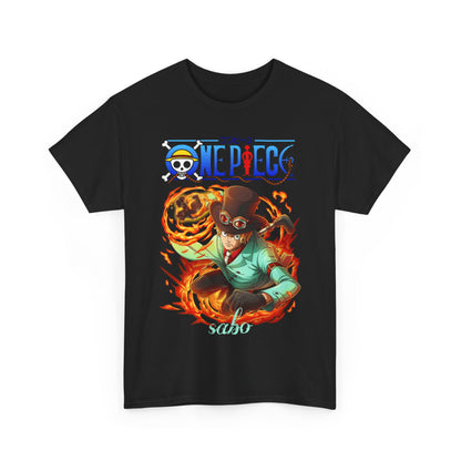 Luxury black Sabo men's t-shirt featuring vibrant anime artwork from One Piece, showcasing a dynamic pose of the character surrounded by flames.