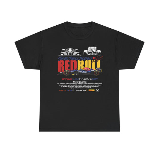 Elegant men's t-shirt in black showcasing the Red Bull Racing RB19 with Sergio Pérez's name, complemented by the inspiring quote 'Never Give Up!' and dynamic design elements.