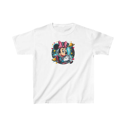 Luxury Child’s Blast Off with Minnie Mouse Unisex Graphic Tee Shirt Kids in pristine white, showcasing an adorable Minnie Mouse design with vibrant colours and interstellar theme, perfect for stylish young adventurers.