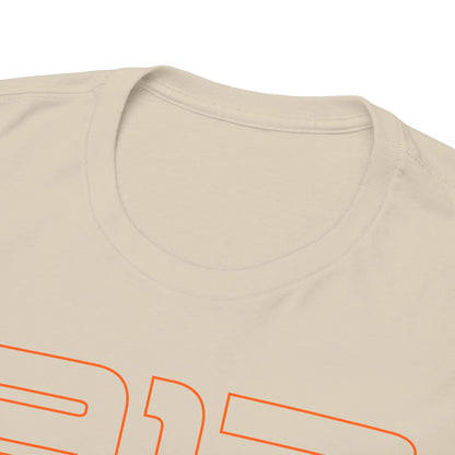 Close-up detail of the luxurious Porsche 917 T-shirt, showcasing the soft fabric and bold orange typography representing the number '917', ideal for a stylish casual look.