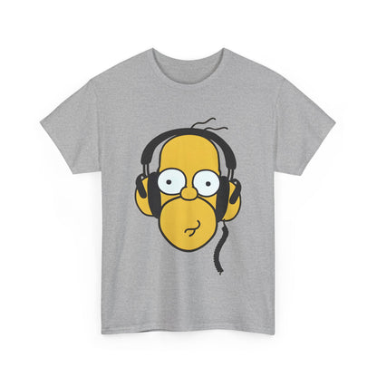 Front view of the 'Hear the Hilarity: Homer Simpson Headphones' unisex cotton tee shirt, featuring a vibrant graphic of Homer Simpson in stylish headphones, ideal for playful luxury.