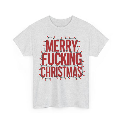 Front view of Merry Christmas Graphic T-Shirt Urban Unisex Cotton Tee featuring bold lettering and festive design, perfect for celebrating the holiday season.