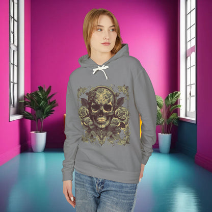 A model elegantly displays the Unisex Lightweight Hooded Sweatshirt featuring a striking skull and roses print, set against a vibrant pink interior, highlighting its unique designer aesthetics.
