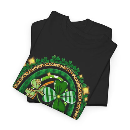 Contemporary St Patricks Day Unisex Men's Women's Graphic Cotton Funny T Shirt Tee displaying 'Shenanigans Coordinator' design adorned with striking shamrocks and a fashionable rainbow.