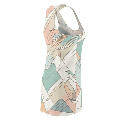 Detail shot of the fabric texture in the Modern Pastel Geometric Pattern Racerback Dress with Bird Designs by Dazzling Dreams Studio, emphasising its soft lightweight material.