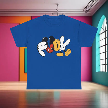 Mickey's Rebellion F**K Graphic T-Shirt in rich blue, an elegant fusion of childhood nostalgia and adult irreverence. This unisex cotton tee is a high-fashion expression of art and pop culture.