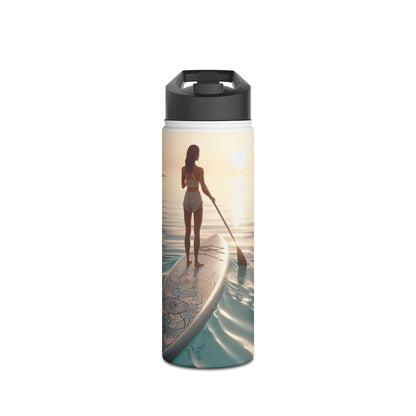 Elegant Fantasy Paddleboarding Stainless Steel Water Bottle showcasing a woman paddling on tranquil waters, perfect for stylish hydration on outdoor adventures.