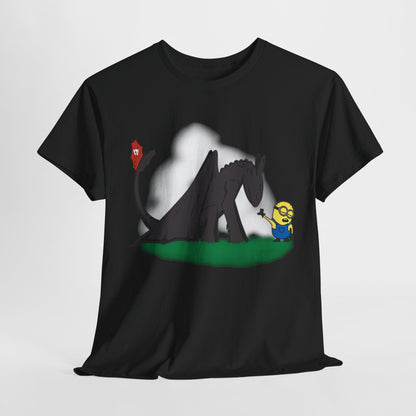Minions How to Train My Dragon Unisex Men’s Women’s Graphic T Shirt Tee showcasing a black Night Fury dragon alongside a playful Minion in overalls on a grass backdrop. Perfect for fans of fantasy and comedy, this funny T Shirt captures the spirit of adventure.