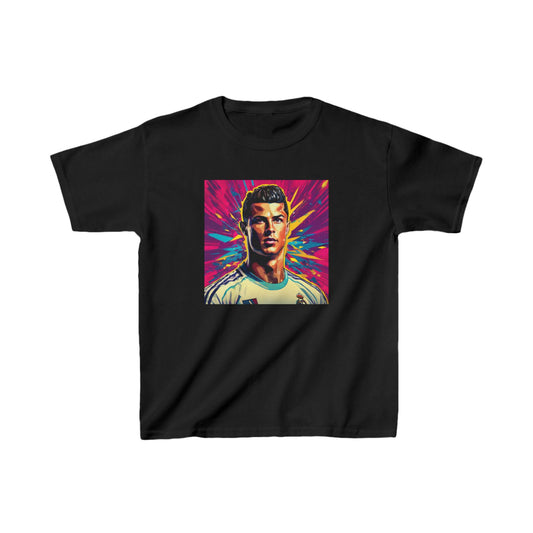 Elegant Kids Cristiano Ronaldo Heavy Cotton T-Shirt in black showcasing a striking image of Cristiano Ronaldo, ideal for young football enthusiasts.