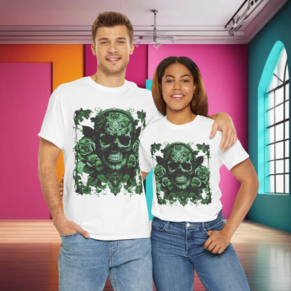 The Skulls and Roses Cotton Tee presented in pristine white by trendy male and female models, highlighting a stunning skull and rose motif, designed for those who dare to stand out.