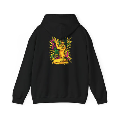 Elegant black hoodie adorned with striking pop art graphic on the back, merging style and bold artistry.
