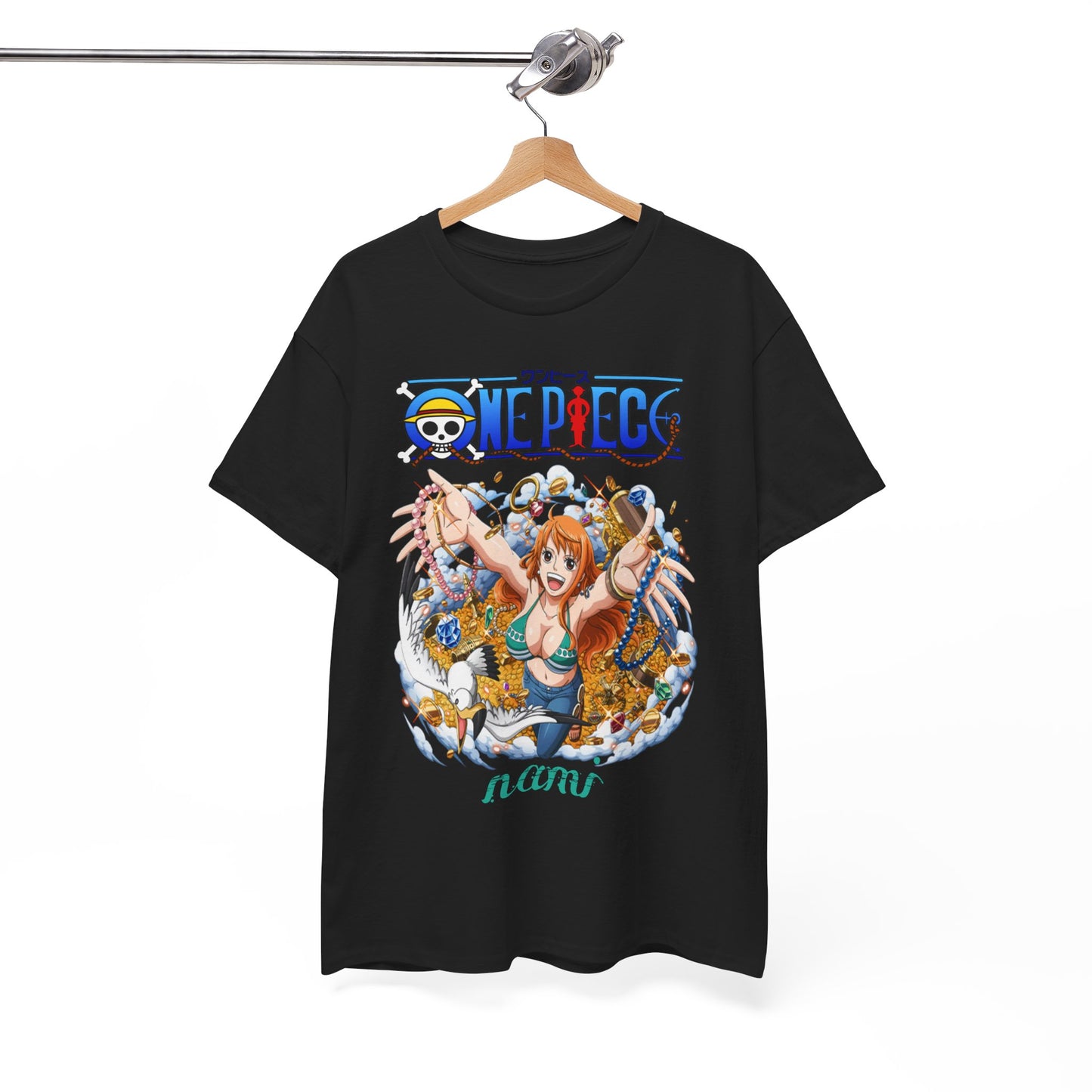 Luxury black t-shirt featuring a vibrant anime-inspired illustration of Nami from One Piece, surrounded by treasures and joyful elements.
