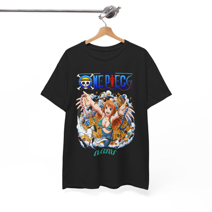 Luxury black t-shirt featuring a vibrant anime-inspired illustration of Nami from One Piece, surrounded by treasures and joyful elements.