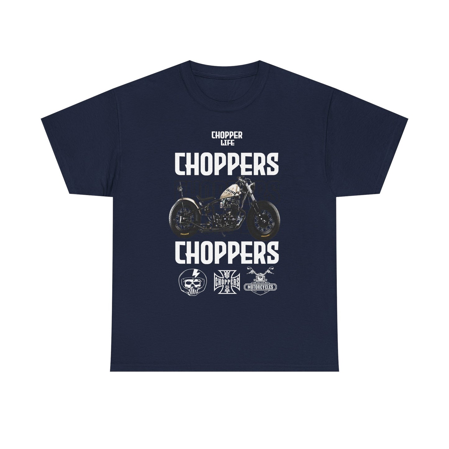 Luxurious men's t-shirt featuring bold 'CHOPPERS' graphic and a striking motorcycle illustration, ideal for motorcycle enthusiasts.