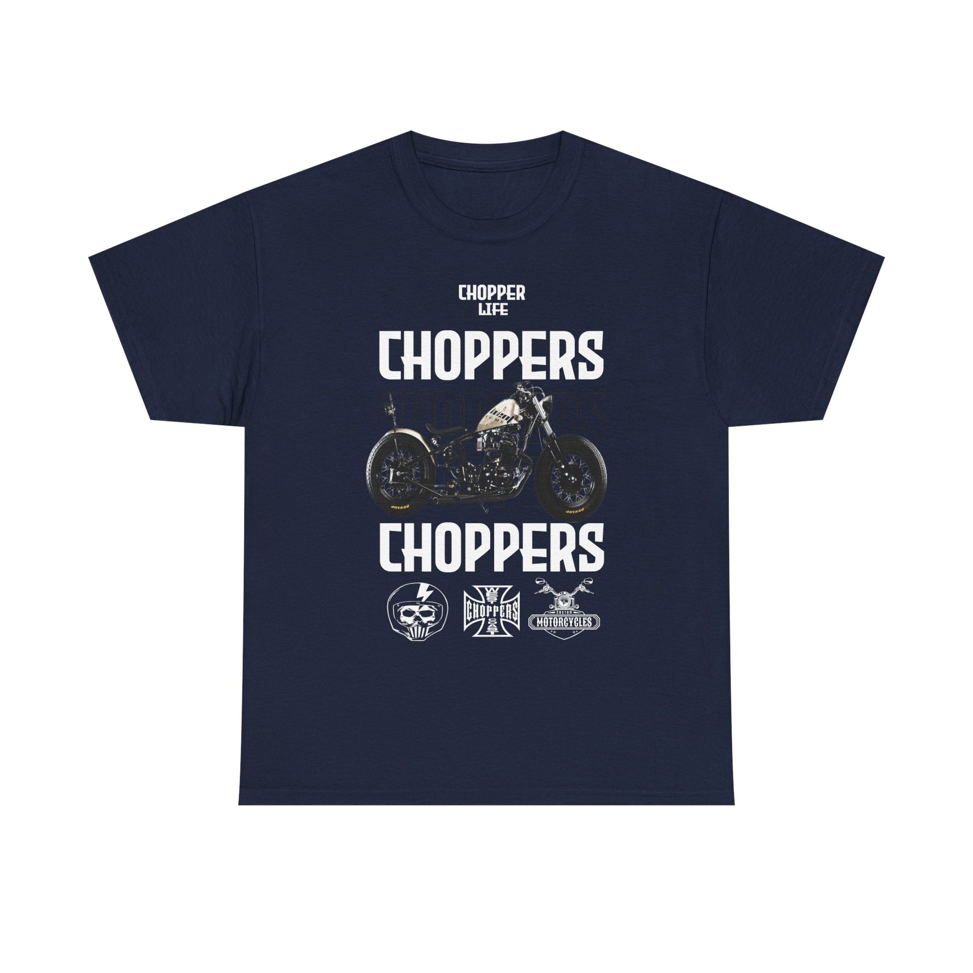 Luxurious men's t-shirt featuring bold 'CHOPPERS' graphic and a striking motorcycle illustration, ideal for motorcycle enthusiasts.