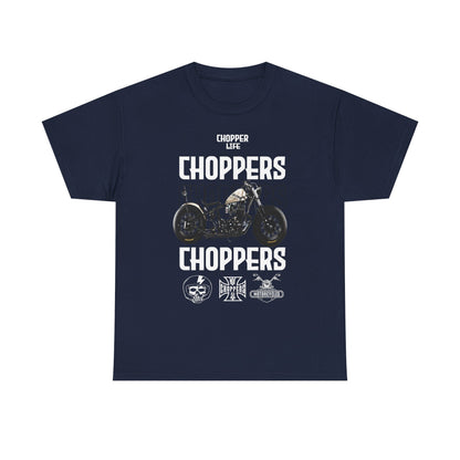 Luxurious men's t-shirt featuring bold 'CHOPPERS' graphic and a striking motorcycle illustration, ideal for motorcycle enthusiasts.