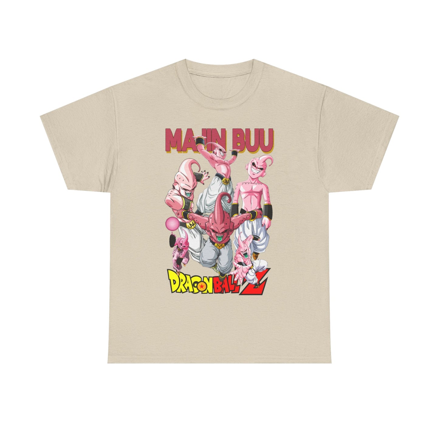 Refined Majin Buu T-shirt displaying lively pinkish-purple characters in captivating poses, highlighted by 'MAJIN BUU' lettering and 'DRAGON BALL Z' signage on a chic beige backdrop.