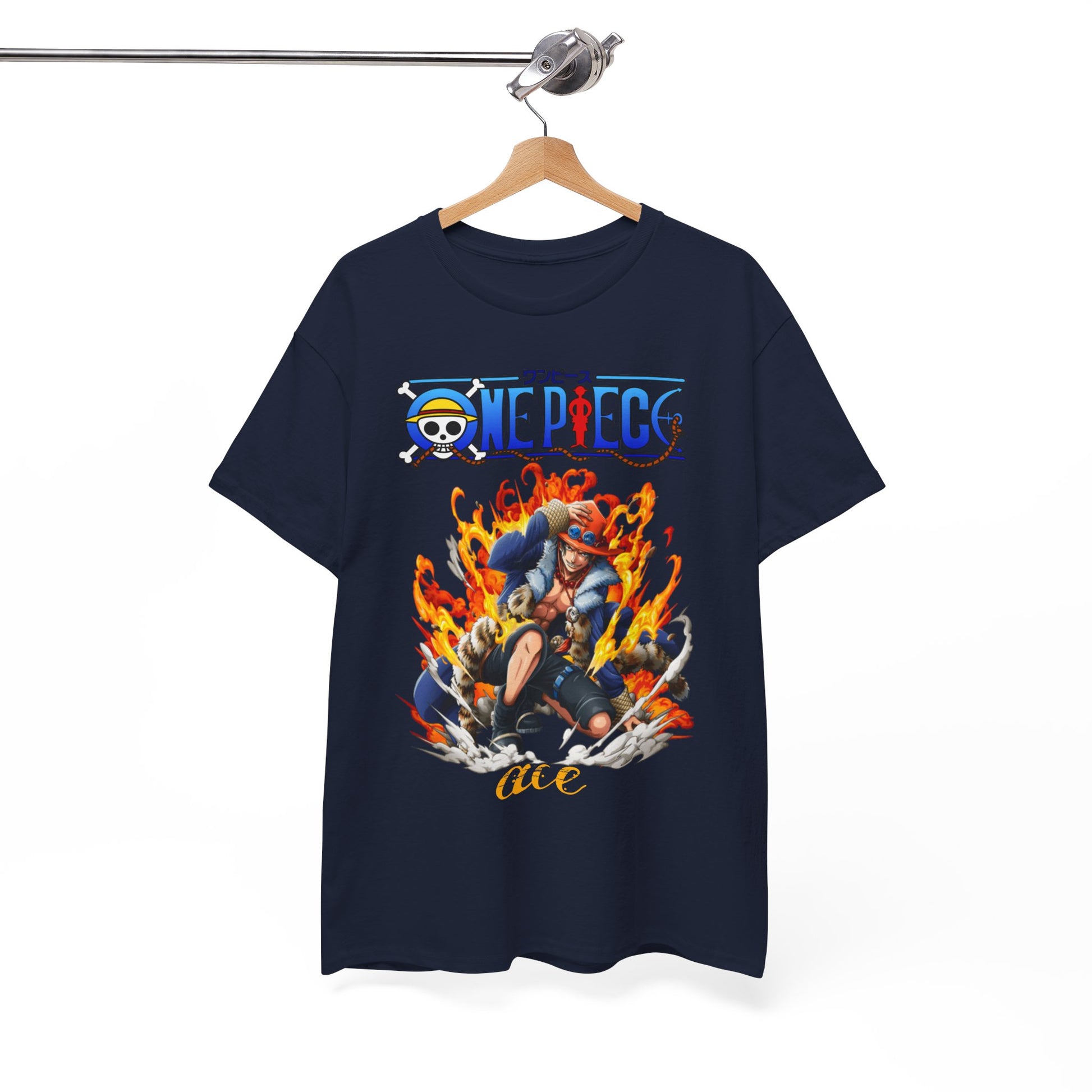 Chic hanging presentation of the navy Epic Ace Men’s T-Shirt, featuring a dynamic Ace graphic with flames, designed for discerning anime lovers craving a statement piece.