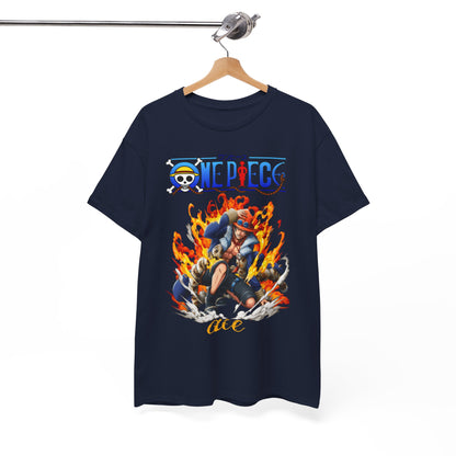 Chic hanging presentation of the navy Epic Ace Men’s T-Shirt, featuring a dynamic Ace graphic with flames, designed for discerning anime lovers craving a statement piece.