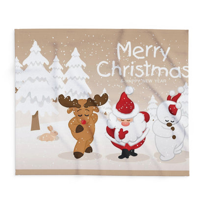 Decorative and Warm Christmas Arctic Fleece Blanket showcasing a cheerful winter illustration of Santa Claus and friends in a snowy landscape, ideal for enhancing festive décor.