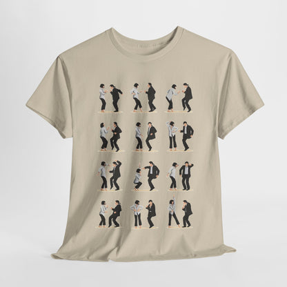 Elevate your wardrobe with the Pulp Fiction Dance Funny Gift Mens Womens Graphic T-Shirt, showcasing a playful grid of elegant dance illustrations inspired by iconic cinema. This unisex cotton tee captures the essence of classic style and spontaneity.