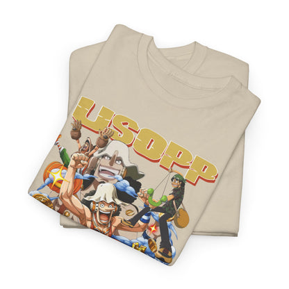 Premium One Piece Usopp anime t-shirt featuring a vibrant graphic design showcasing dynamic characters, perfect for anime enthusiasts.