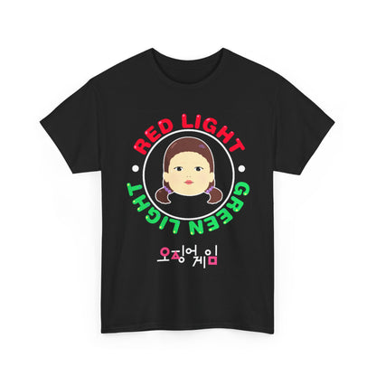 Exquisite Squid Game graphic tee for unisex wear, displaying the captivating design of 'RED LIGHT GREEN LIGHT' with a charming illustration, perfect for making a stylish yet humorous fashion statement.