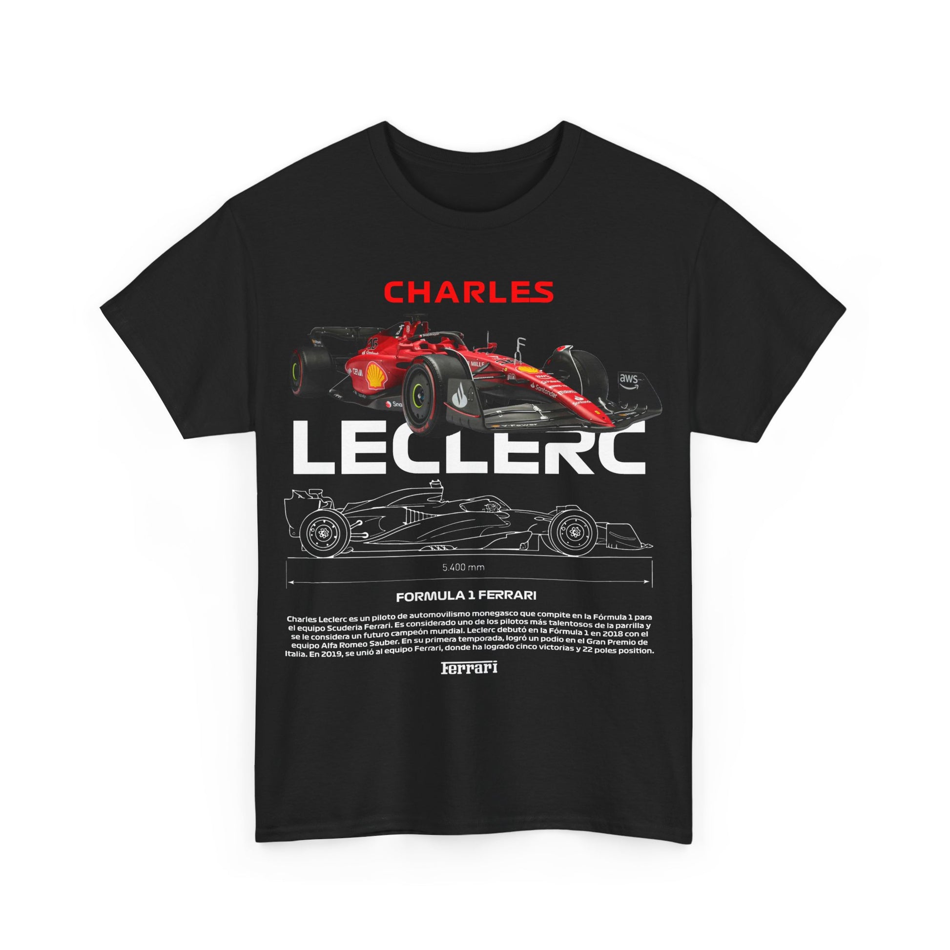 Striking graphic men's t-shirt featuring a dynamic Ferrari race car and Charles Leclerc's name, designed for Formula 1 enthusiasts.
