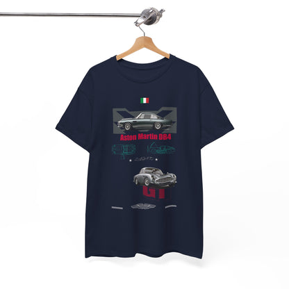 Luxury navy men's t-shirt featuring a graphic of the Aston Martin DB4, showcasing an intricate design with engine drawings and the Aston Martin logo.