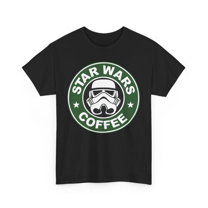 Elegant Star Wars Coffee T-Shirt showcasing a unisex design with a striking Stormtrooper helmet logo, ideal for coffee enthusiasts and Star Wars fans.