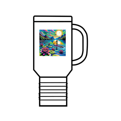 Fantasy Paddleboarding 40Oz Insulated Travel Mug featuring vibrant artwork of a paddleboarder amidst colourful scenery and lotus flowers, designed from stainless steel with an ergonomic handle.