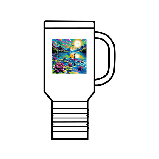 Fantasy Paddleboarding 40Oz Insulated Travel Mug featuring vibrant artwork of a paddleboarder amidst colourful scenery and lotus flowers, designed from stainless steel with an ergonomic handle.