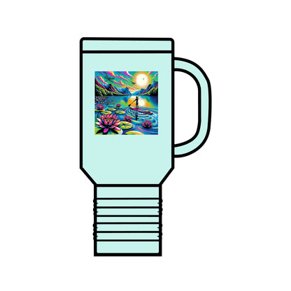 Fantasy Paddleboarding 40Oz Insulated Travel Mug in elegant mint green featuring a captivating paddleboarding graphic adorned with lotus flowers, perfect for those who seek adventure in luxury.