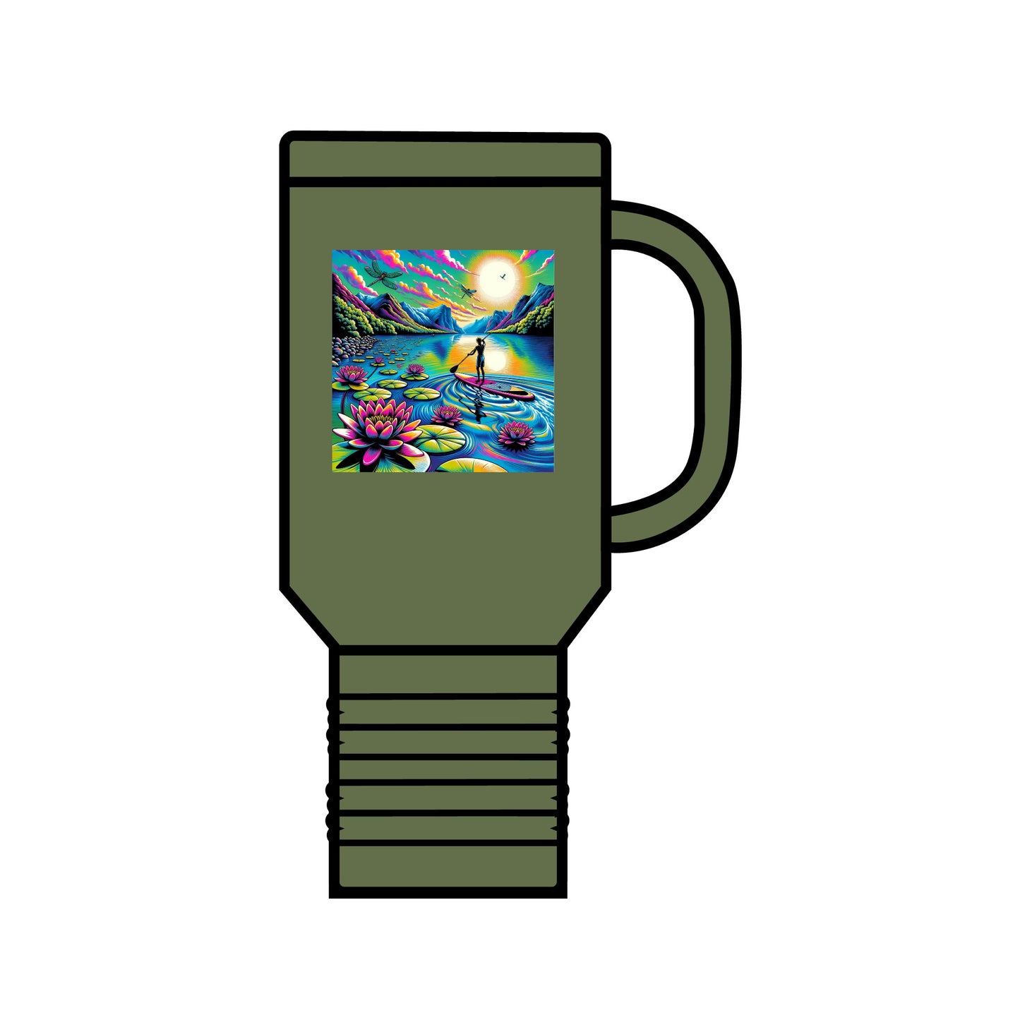 Fantasy Paddleboarding 40Oz Insulated Travel Mug in olive green, featuring beautiful graphics of a paddleboarder surrounded by lotus flowers, built from durable stainless steel with an ergonomic design.