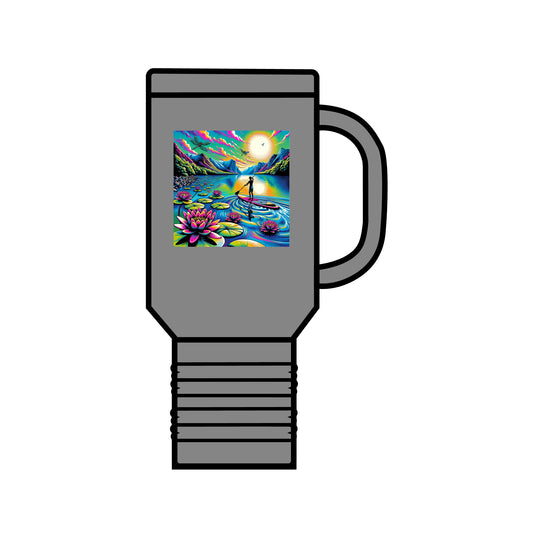 Fantasy Paddleboarding 40Oz Insulated Travel Mug displayed in grey, showcasing exquisite artwork of a paddleboarder in a picturesque landscape with lotus flowers, made from premium stainless steel.