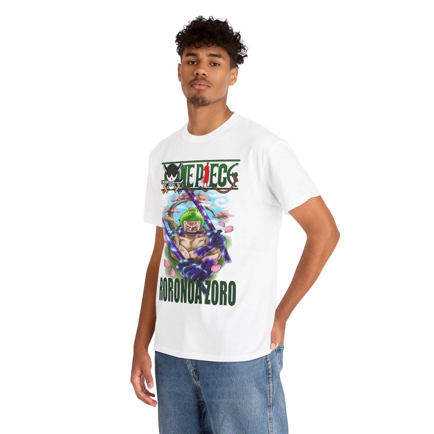 Stylish Roronoa Zoro graphic T-shirt in white, featuring a captivating illustration of the iconic character amidst delicate pink flowers, ideal for anime enthusiasts and fashion-forward individuals.