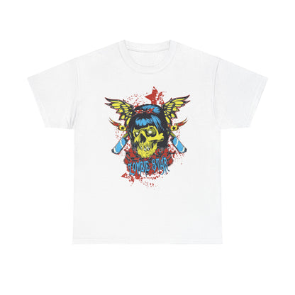 Luxurious white t-shirt featuring a vibrant skull graphic design with wings, showcasing the words 'Zombie Star' against a striking blood splatter backdrop. Ideal for those who appreciate edgy fashion and unique style.