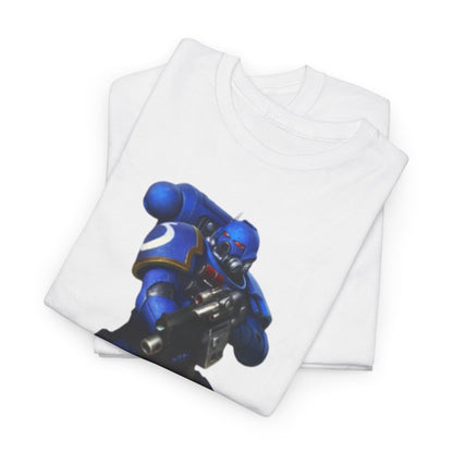 Luxurious unisex graphic t-shirt featuring a striking blue-armoured Space Marine design, showcasing a blend of sci-fi elegance and quirky humour.