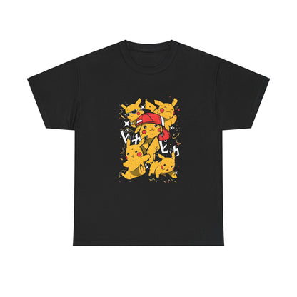 Unisex Streetwear Graphic Tee with Vibrant Cartoon Characters and Japanese Design featuring playful Pikachu figures in dynamic poses on a striking black background, perfect for showcasing your love for streetwear culture.