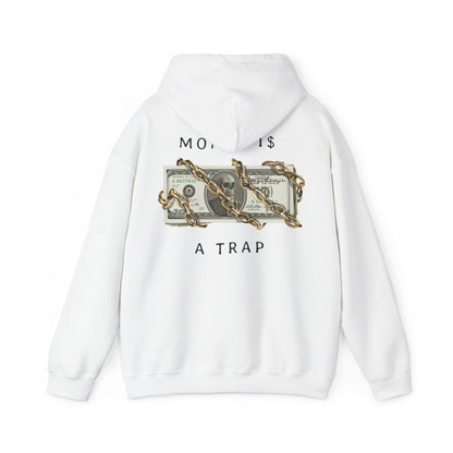 Luxury white hoodie featuring a bold back print design of dollar bills entwined with gold chains, emblazoned with the statement 'MONEY IS $ A TRAP', exuding a daring fashion statement.