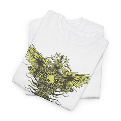 Charming stack of white t-shirts featuring intricate cross graphic with stylised wings, symbolising luxury and unique design.